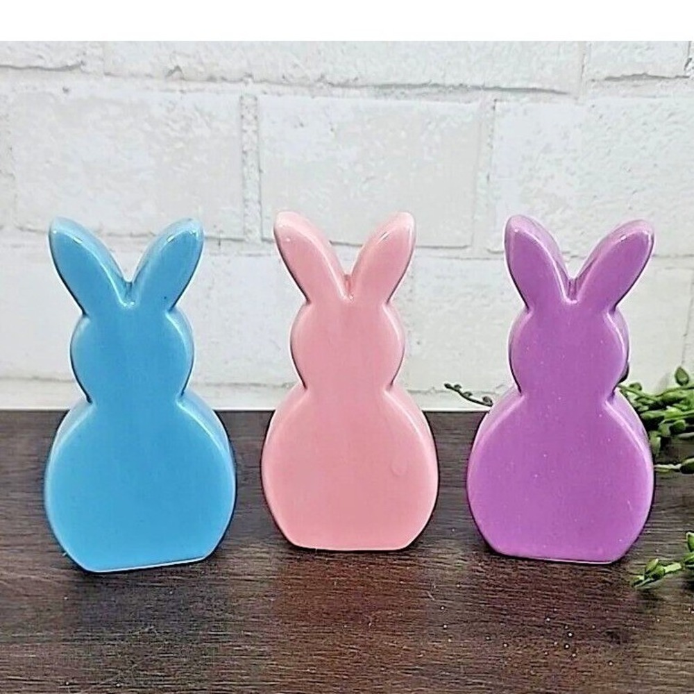 Easter Bunny Rabbit Peeps‎ Ceramic Figurines Pastel 4" Tabletop 3 Pc NEW